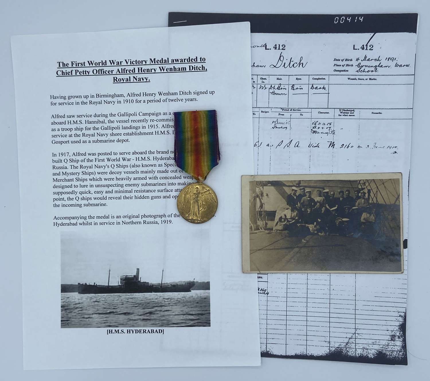 WW1 Victory Medal M2160 A.H.W Ditch V.C.P.O.R.N