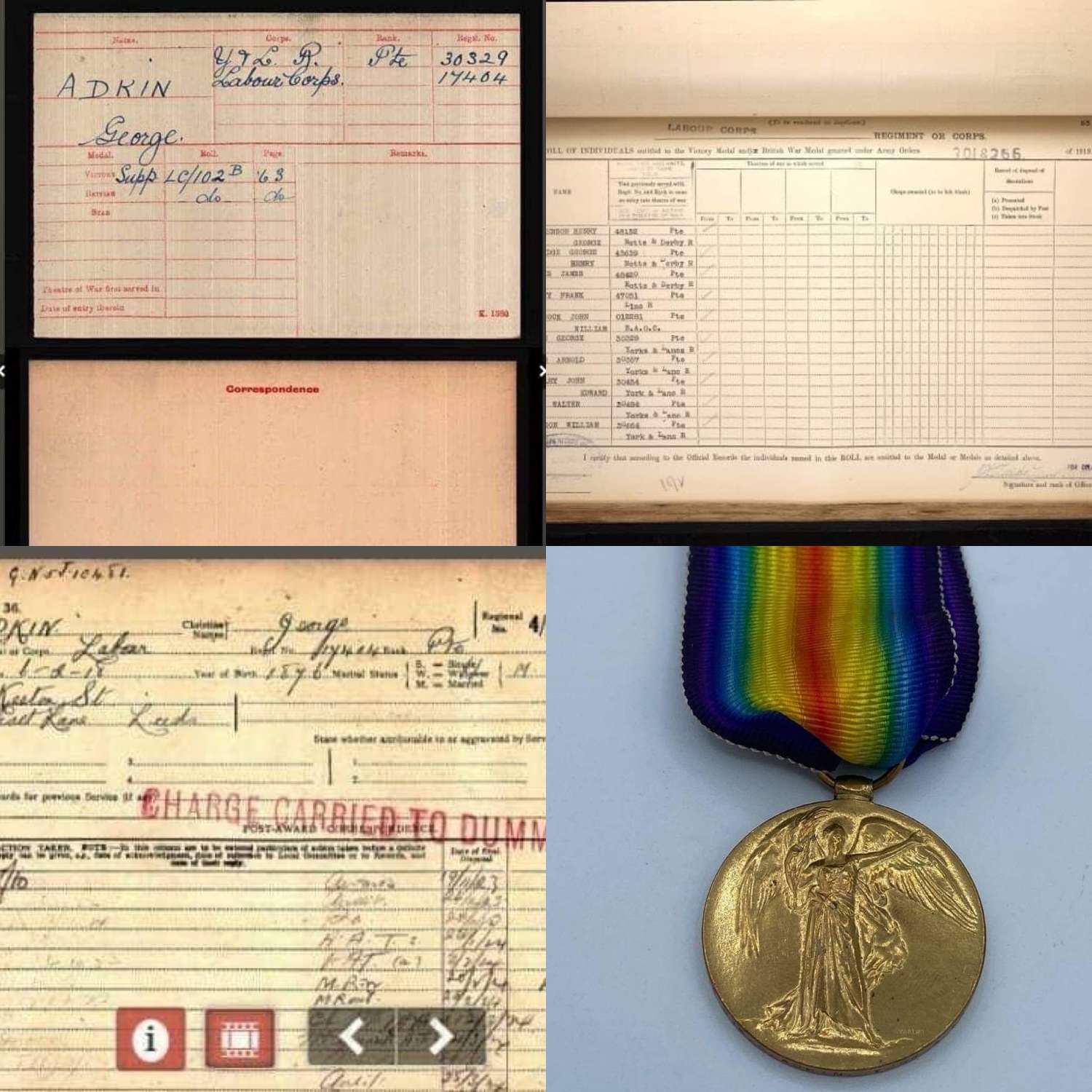 WW1 Victory Medal Pte George Adkin Yorkshire & Lancashire Regiment