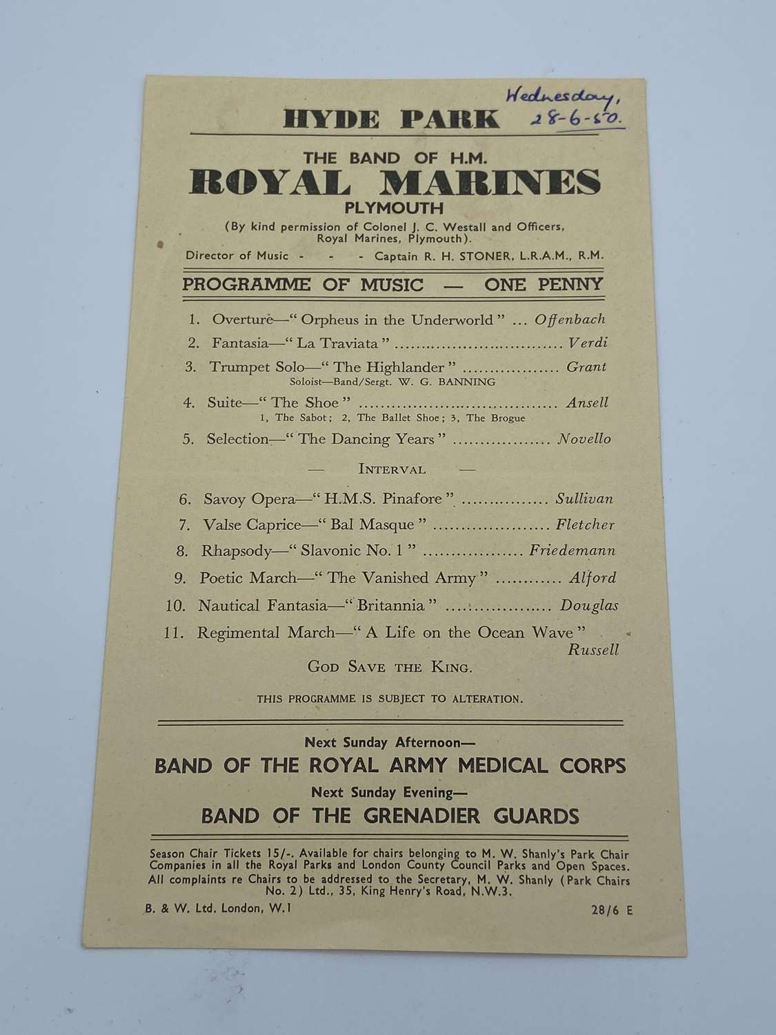 1950 Band Of HM Royal Marines Music Programme Hyde Park