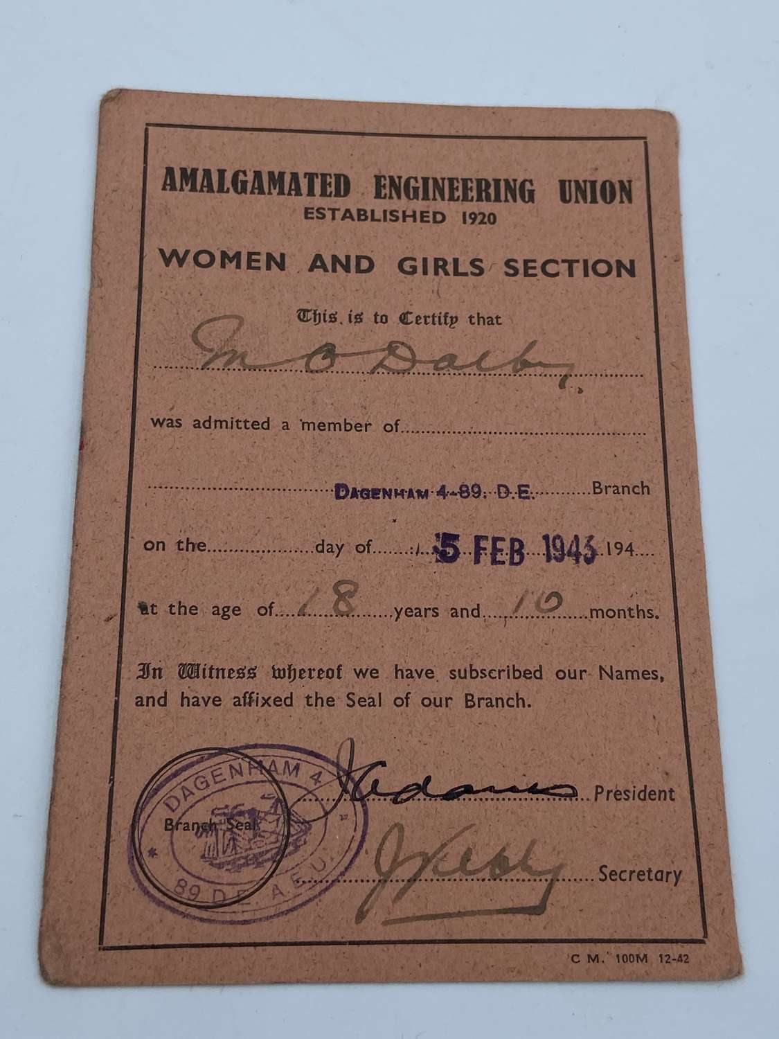 WW2 Amalgamated Engineering Union Women Section Members Card