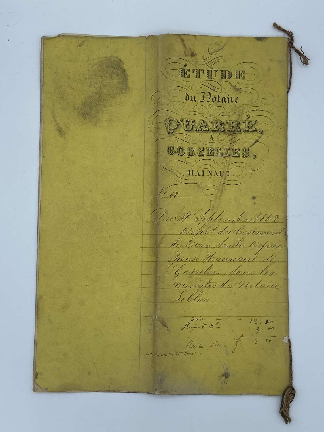 Victorian Belguim 1842 Notary Testament To Lady Amelie De Passé