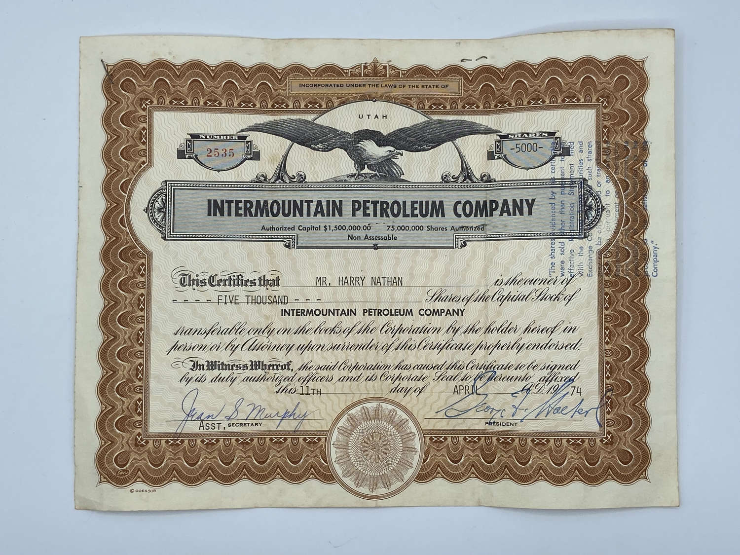 1974 United States Utah Intermountain Petroleum Conpany 5000 Shares