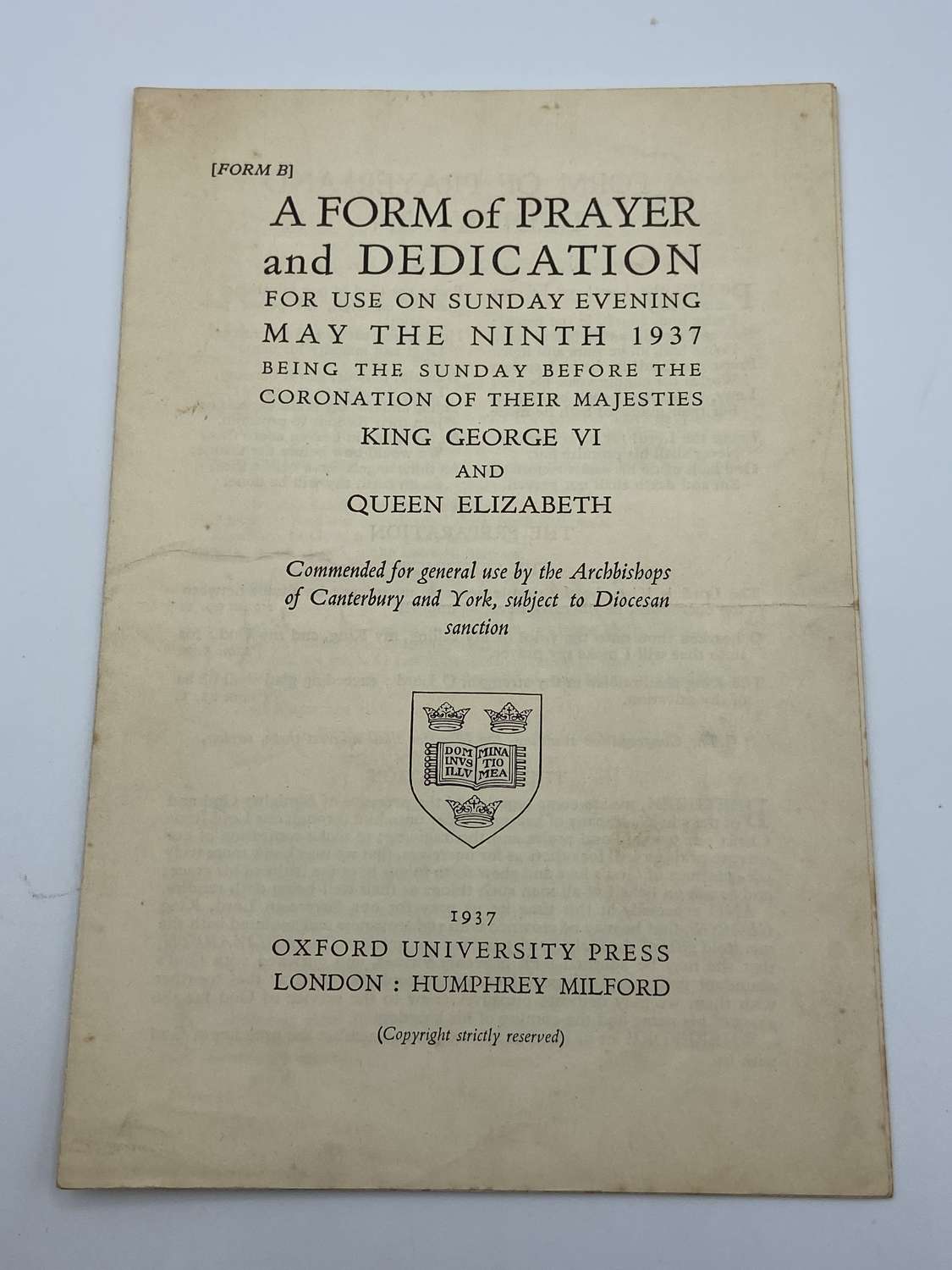 WW2 1937 Prayer form for Coronation Service of King George VI & Queen