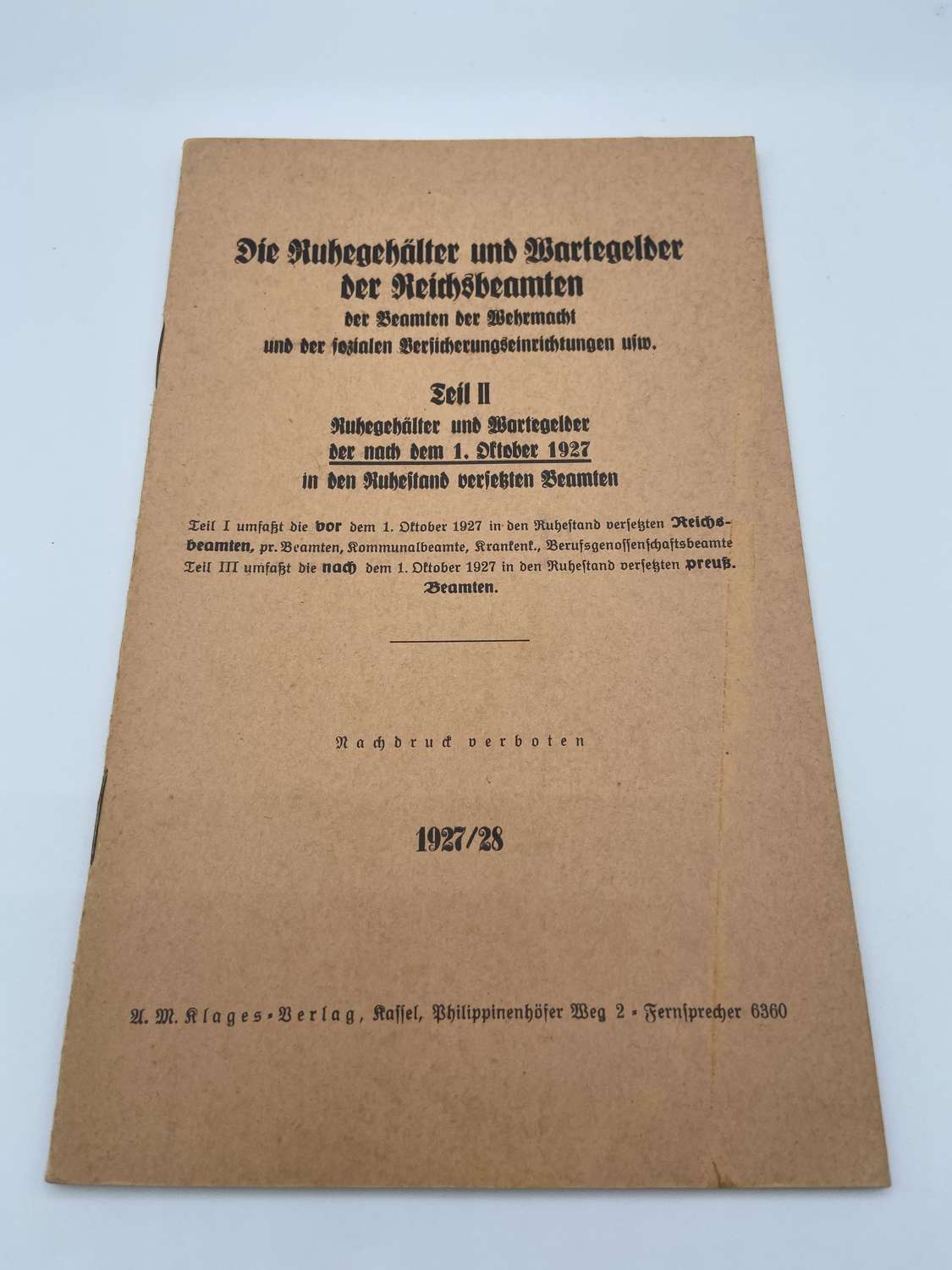 PreWW2 1927-28 German Wehrmacht Pensions & Waiting Allowances Document