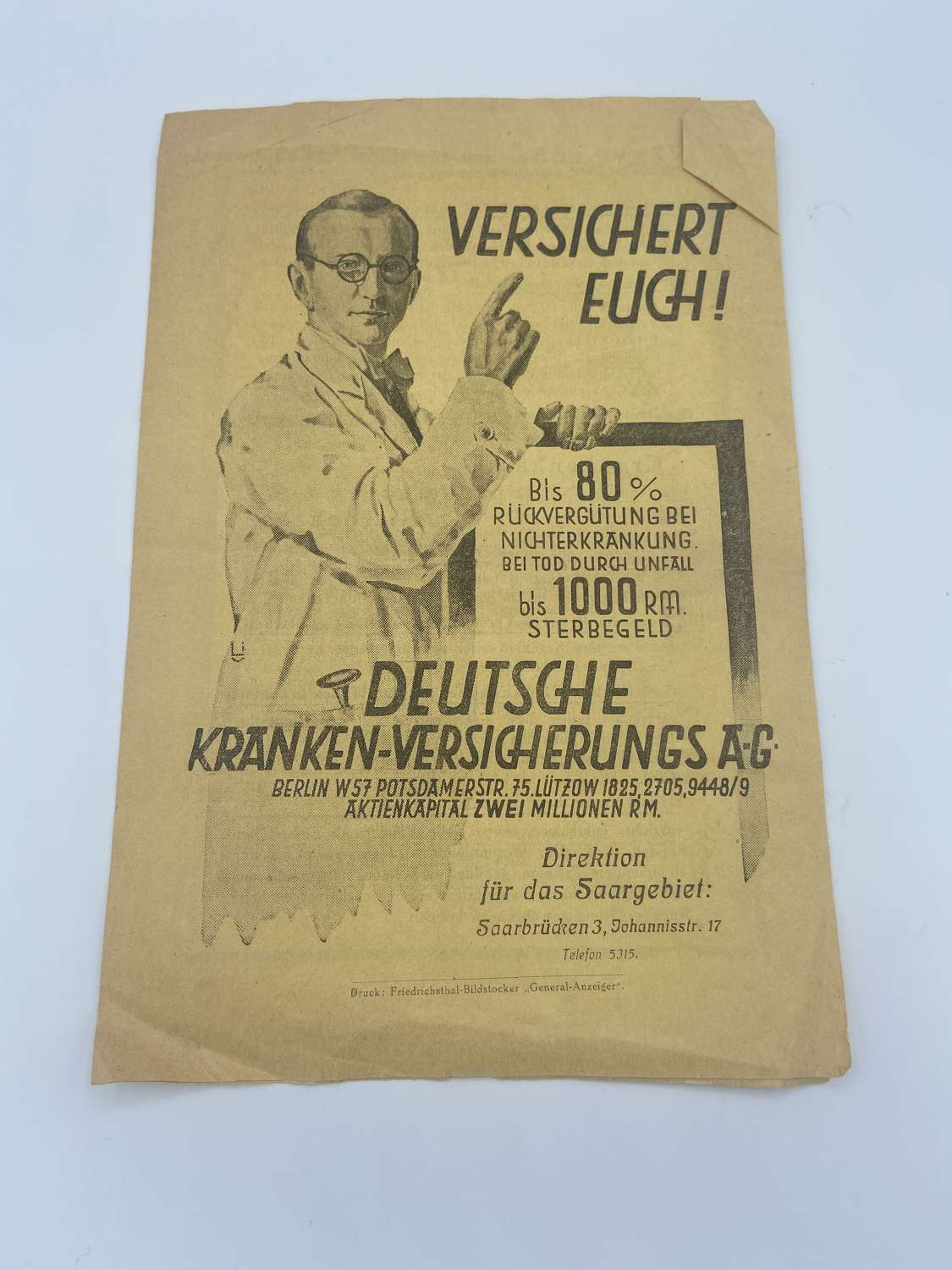 Pre WW2 German 1925 Dated Life Insurance Advertisement Leaflet