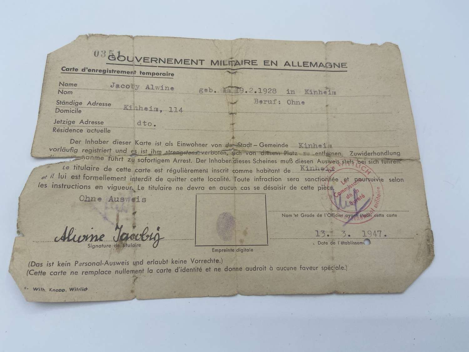 WW2 Germany French Occupation Zone Temporary ID Card Not Allowed To Le