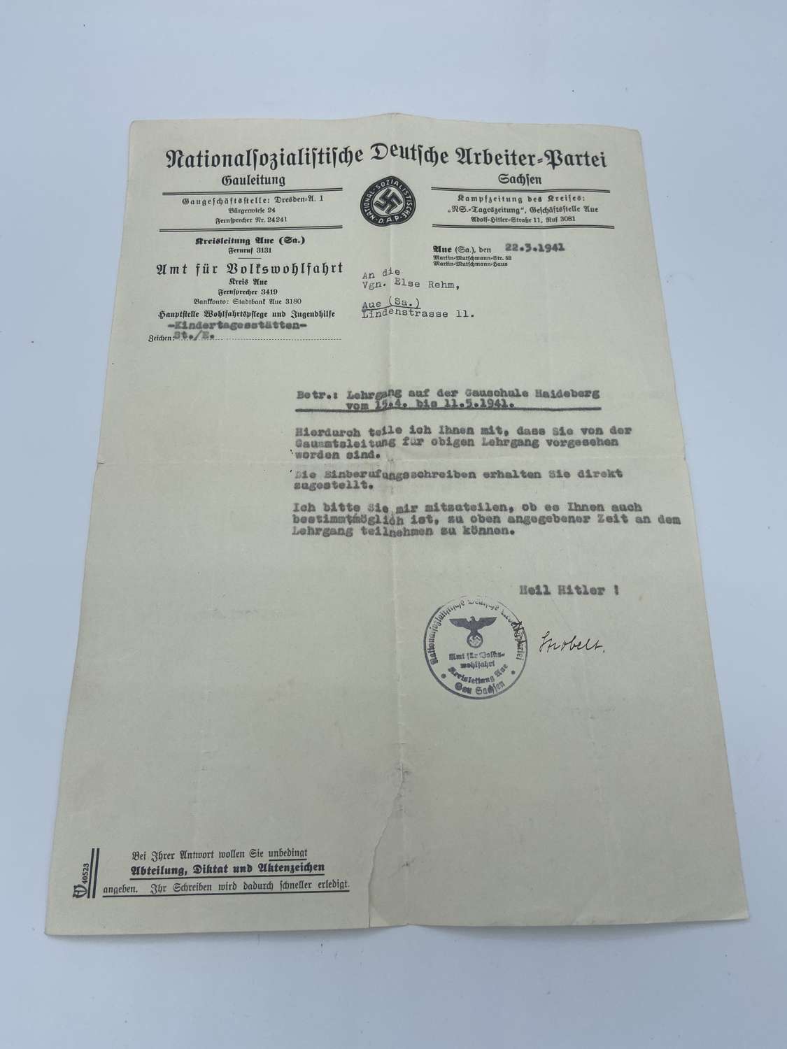 WW2 German Day Care Centres & Introduction Of New Courses Letter