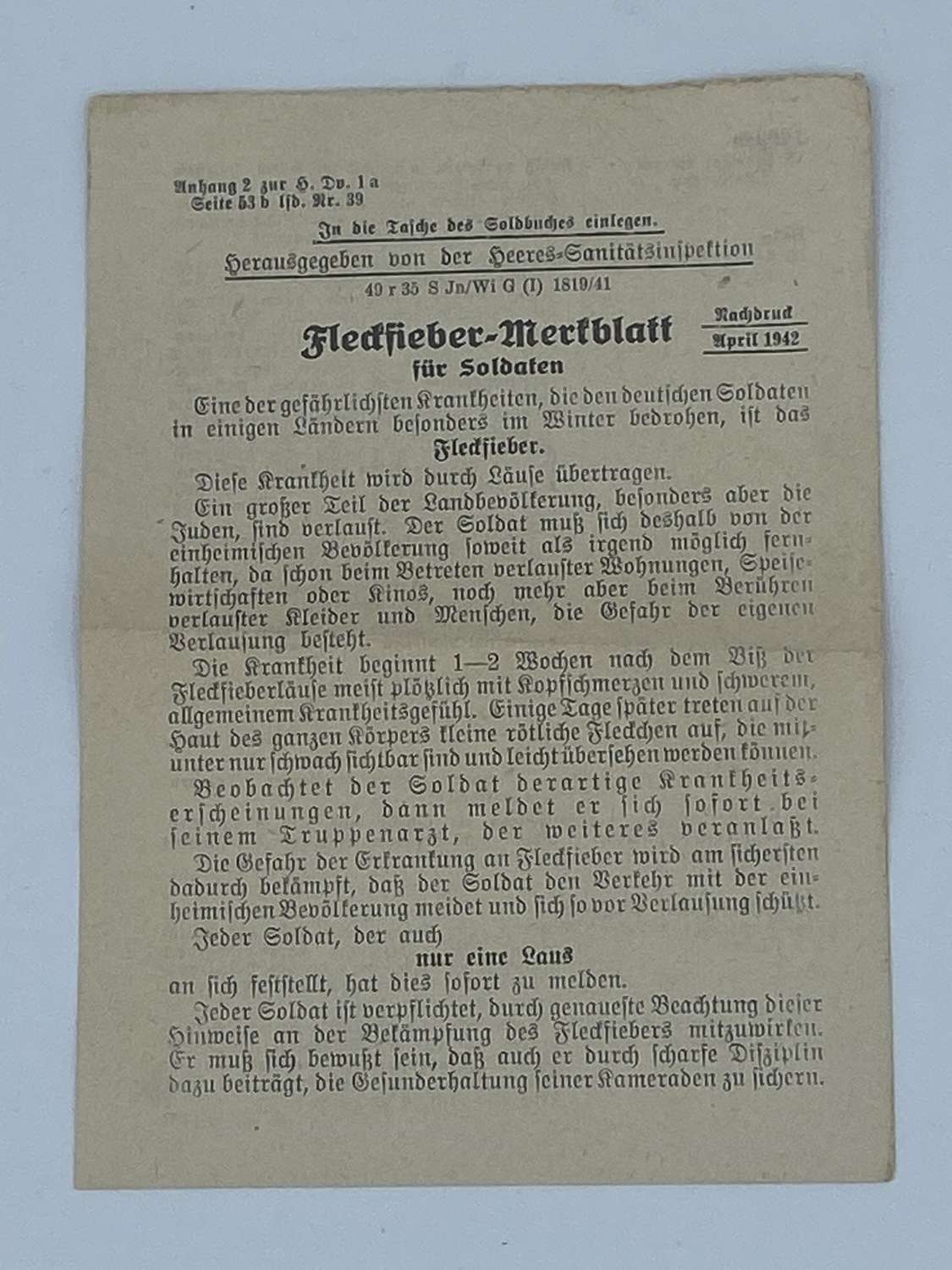 WW2 German Warning Leaflet For Typhus & Stay Away From Jews