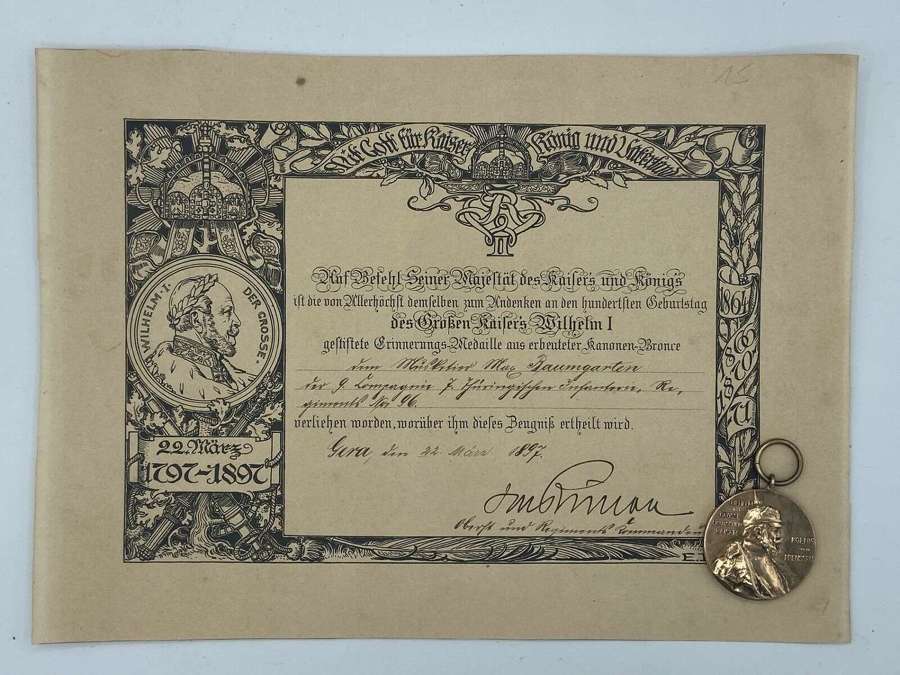 1797-1897 Kaiser Wilhelm I 100th Birthday Occasion Medal & Certificate