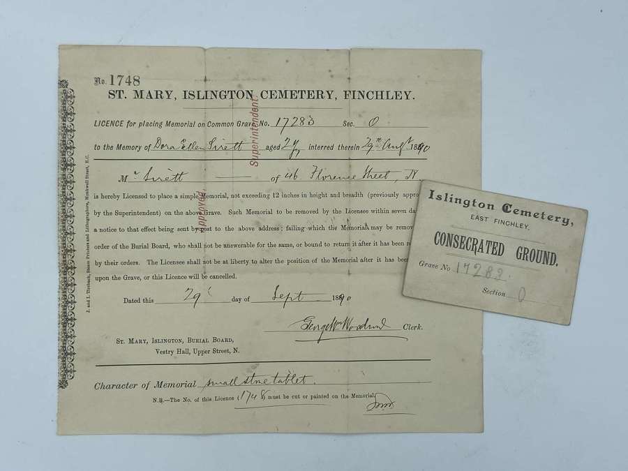 Victorian 1890 Dated St Mary Cemetery Consecrate Ground Card
