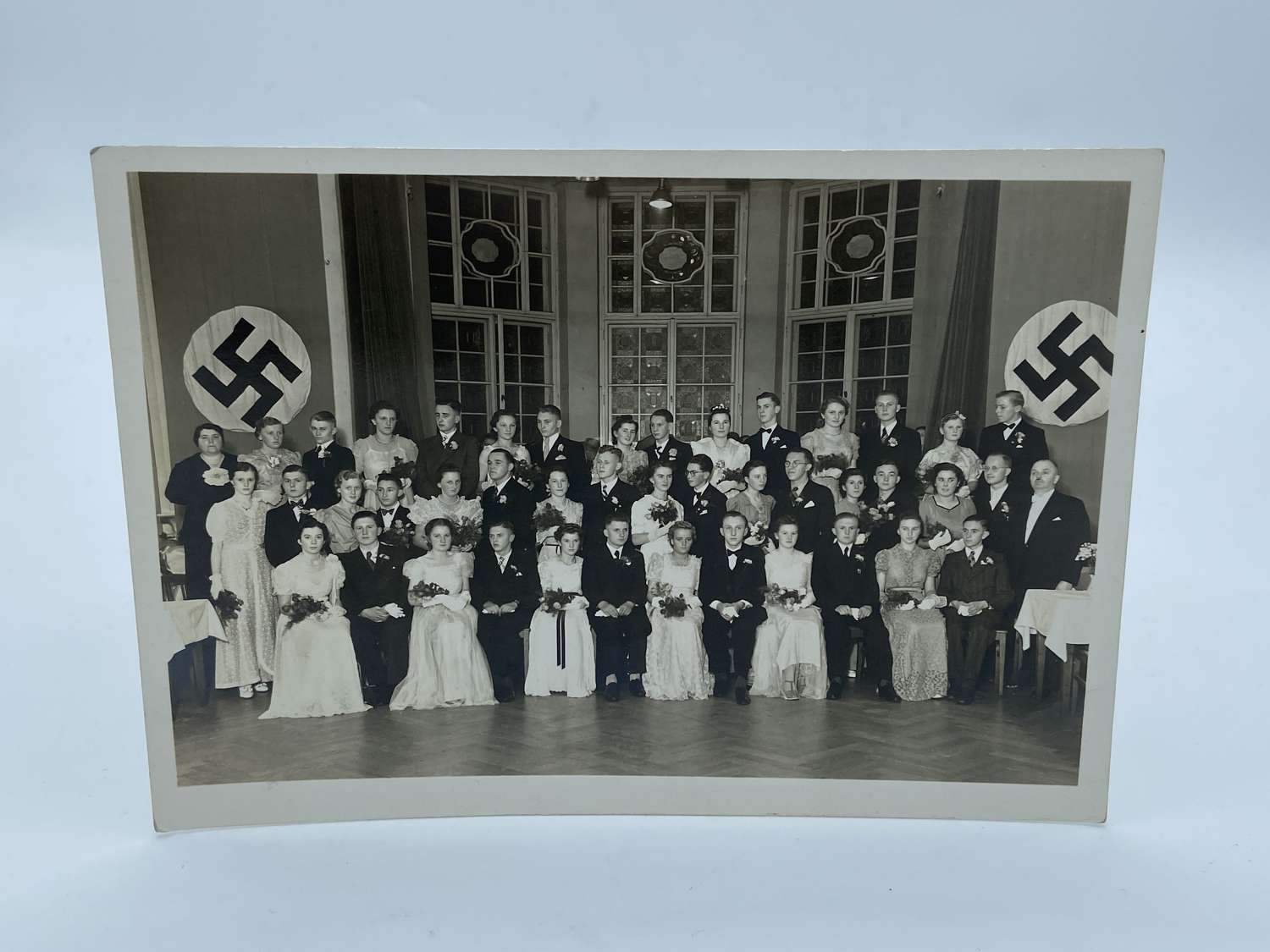 WW2 German Graduation Student Ball Group Photograph NSDAP Banner Flags