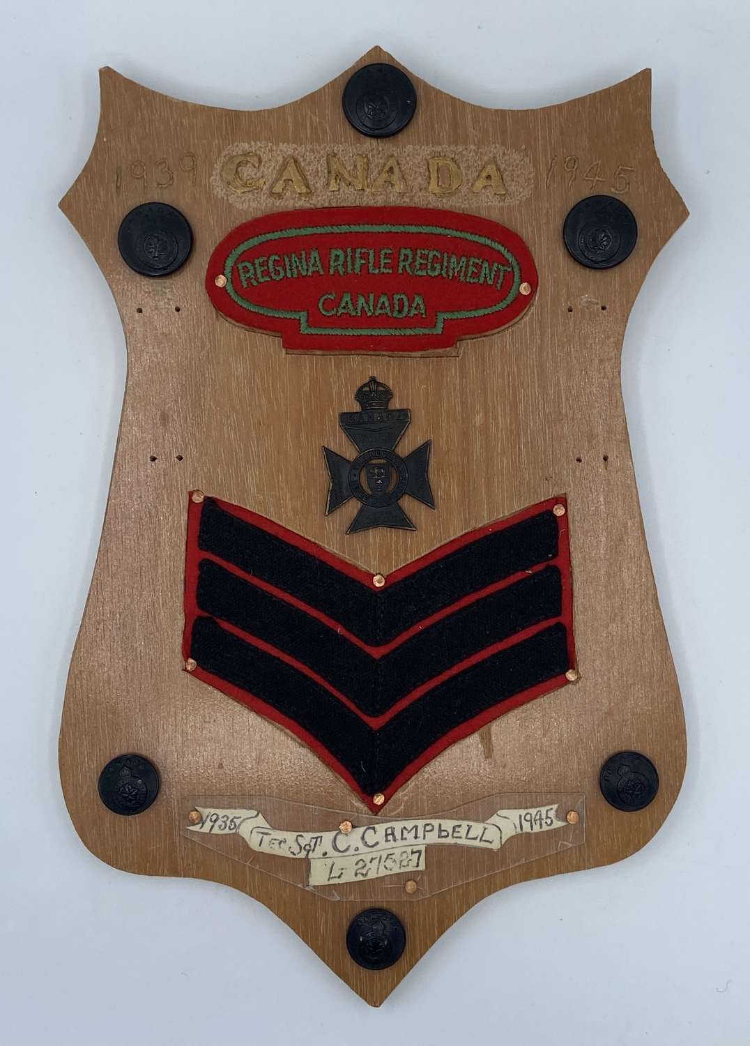 WW2 Era Commemorative Plaque Canadian Rifle Regiment Tec Sgt Campbell