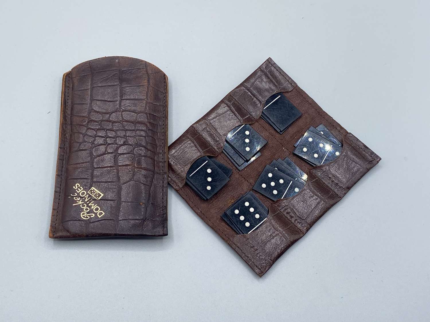 WW2 Era British Army Pocket Dominos Set In Crocodile Leather Wallet