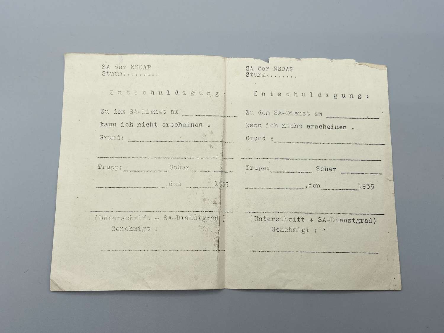 RareWW2 German 1935 Braunhemden-Sturmabteilung Service Permission slip