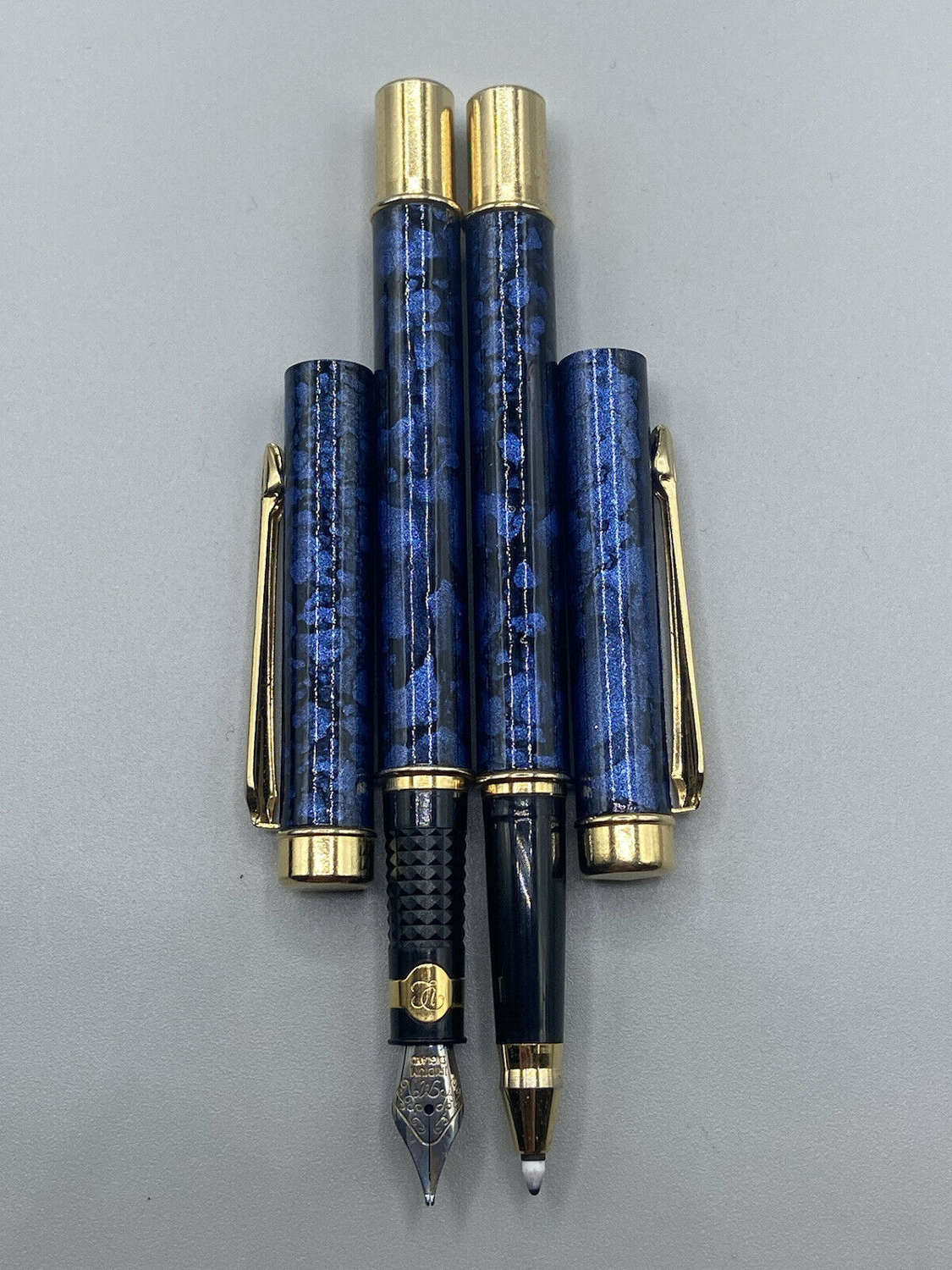 Vintage DL Monogram Blue Lacquer & Rolled Gold Pen Writing Set