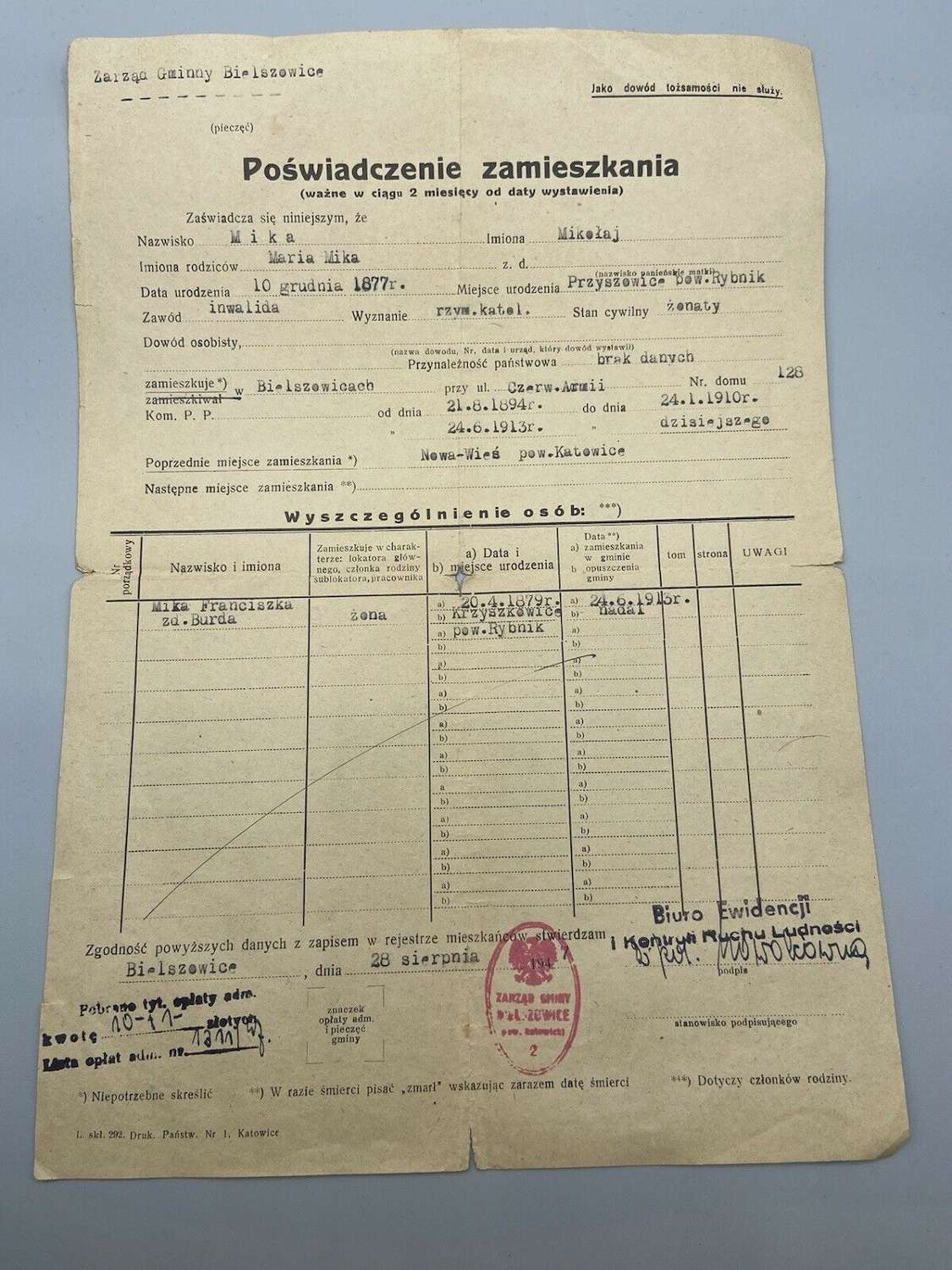WW1 German Polish Occupation Compliance Certificate Of Residence