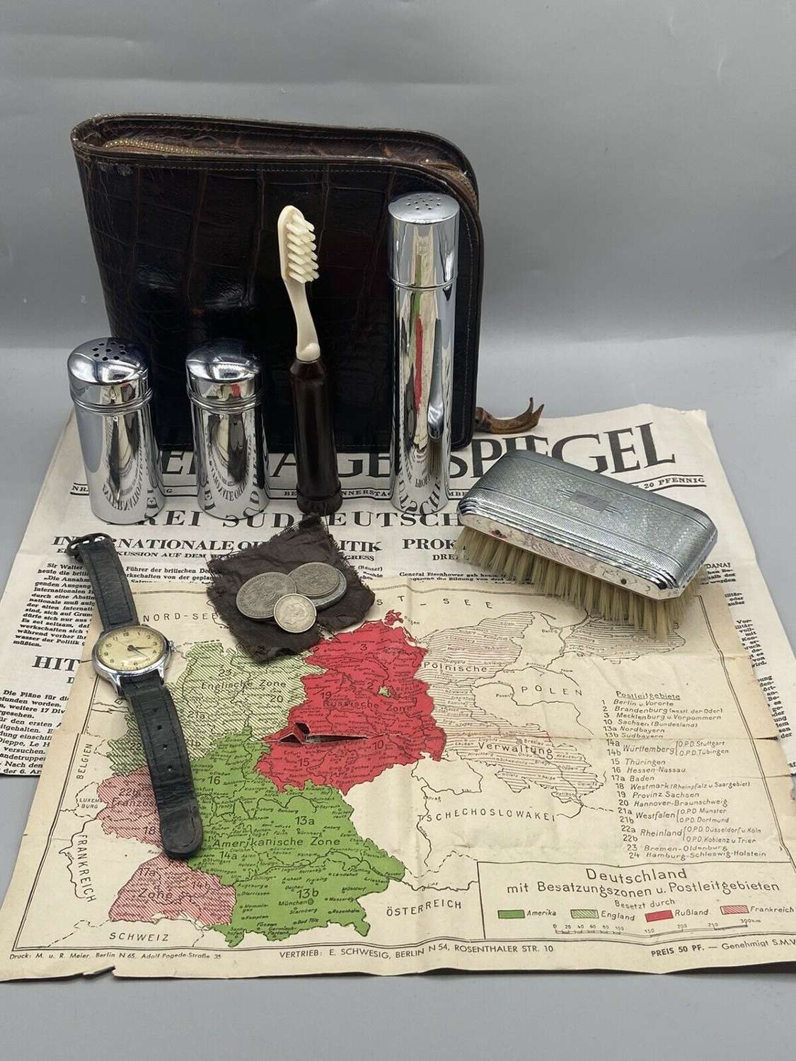 Post Ww2 German Zone Travel Escape Kit Vanity Kit, Ingersol Watch Etc