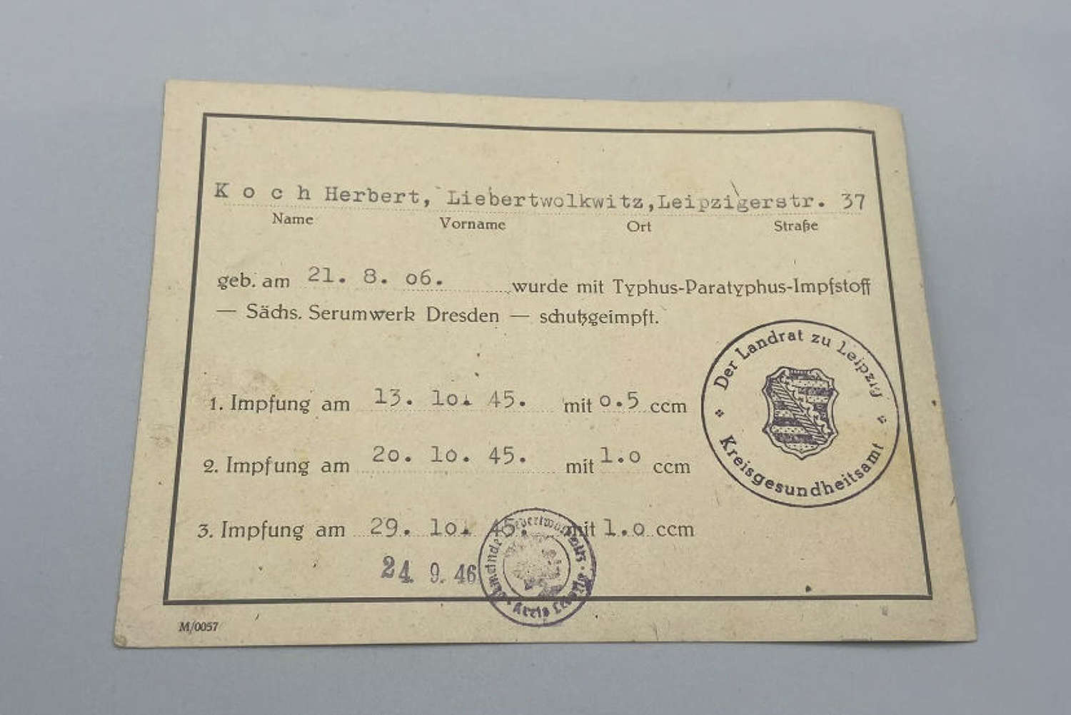 WW2 German Triple Vacination Card For Typhus In Dresden