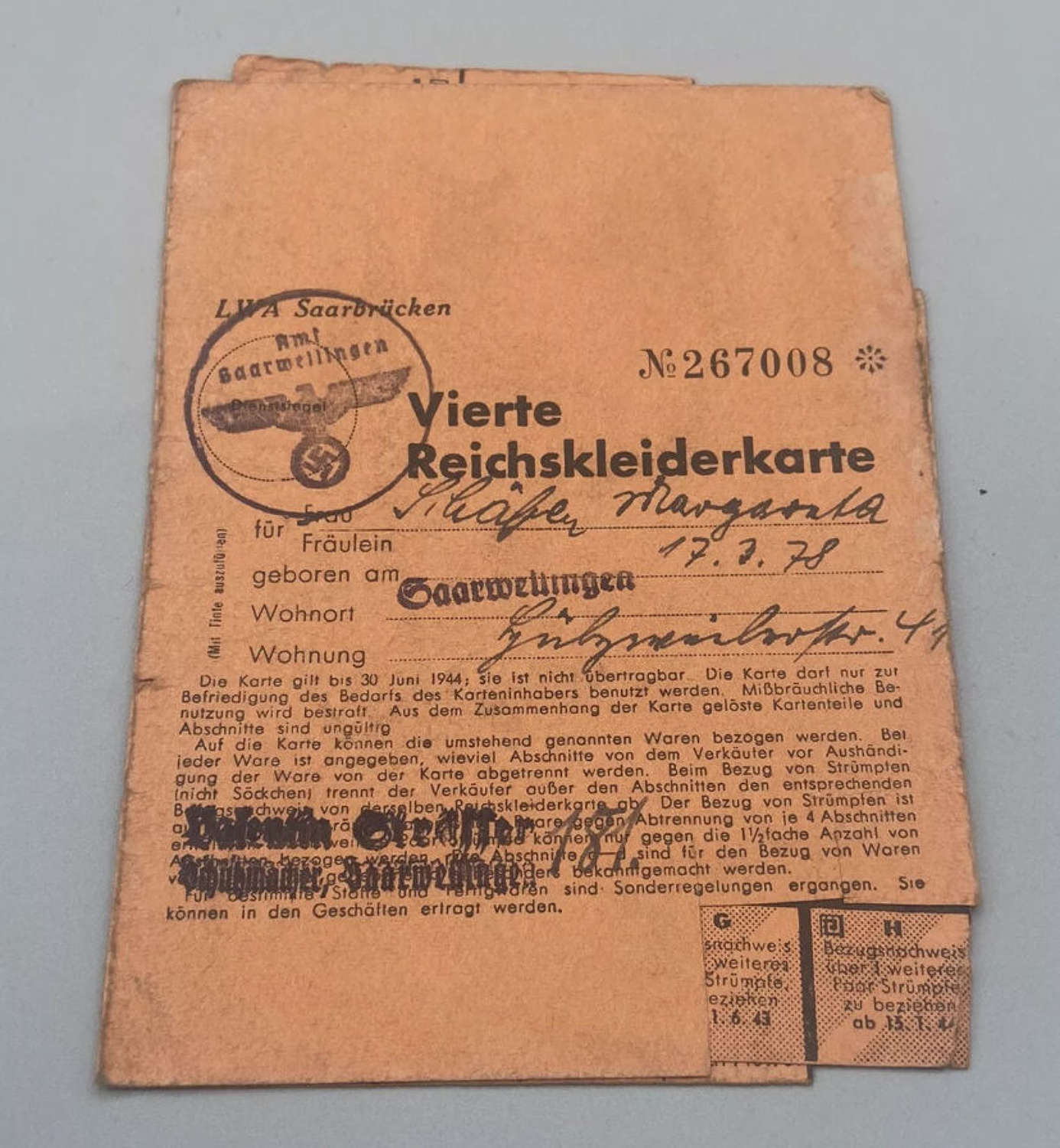 WW2 German Issued Womens Clothes Rations Allowances Card For 1944