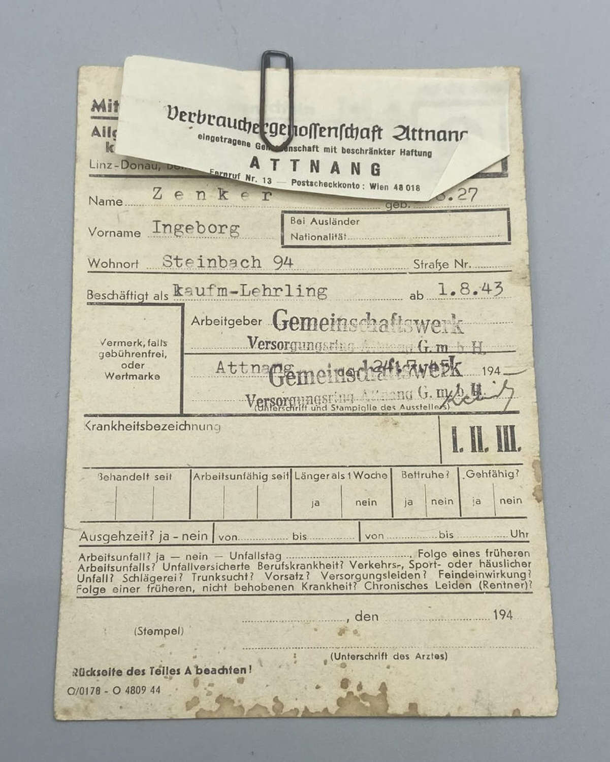 WW2 German 1943 Workers Insurance Dentists Dental Document & Scan