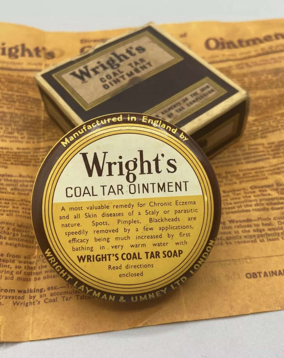 WW2 1930s Wrights Coal Tar Ointment Unused Box, Leaflet & Tin