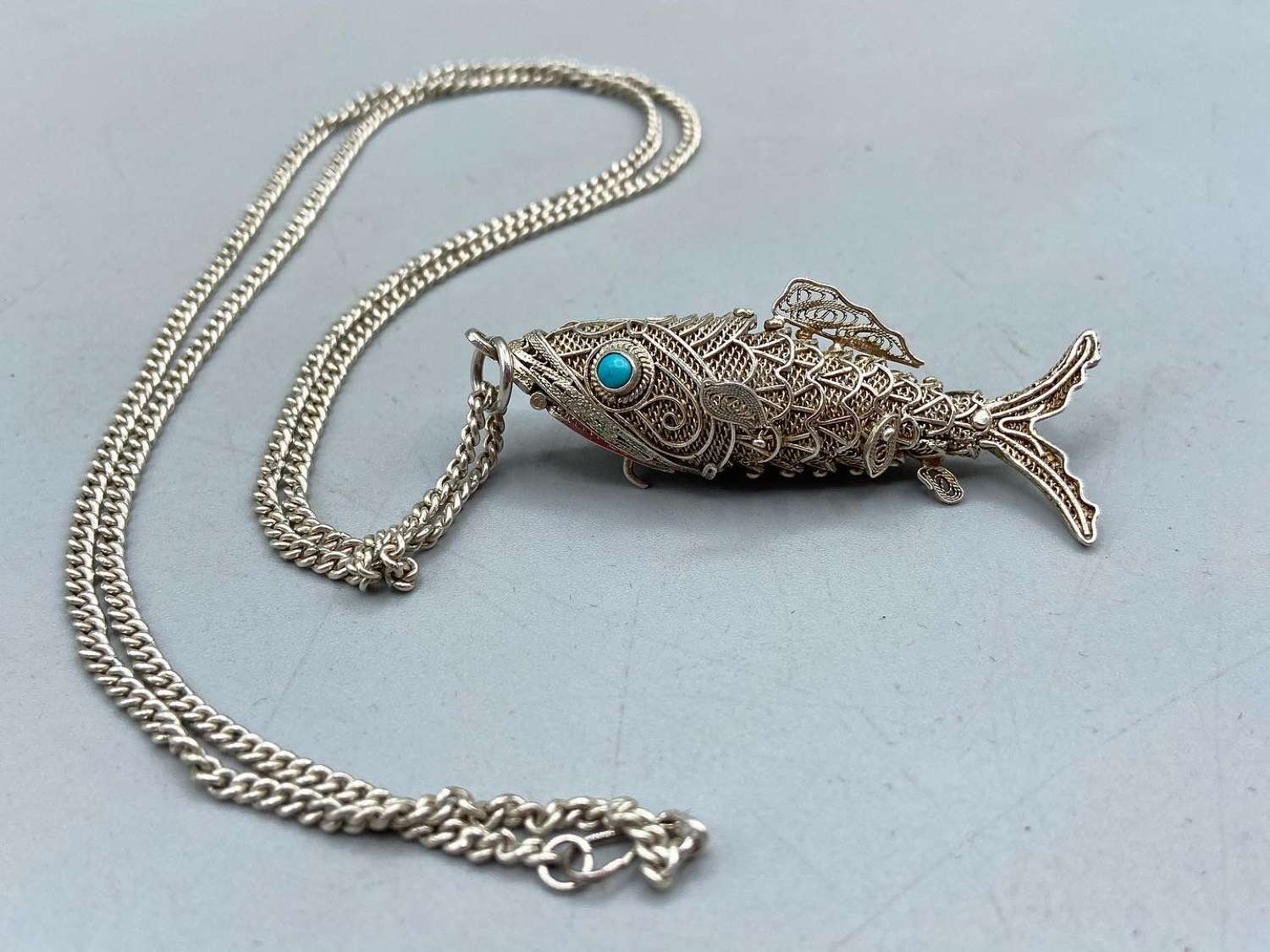 Sterling Silver & Turquoise Filigree Articulated Fish Snuff Necklace