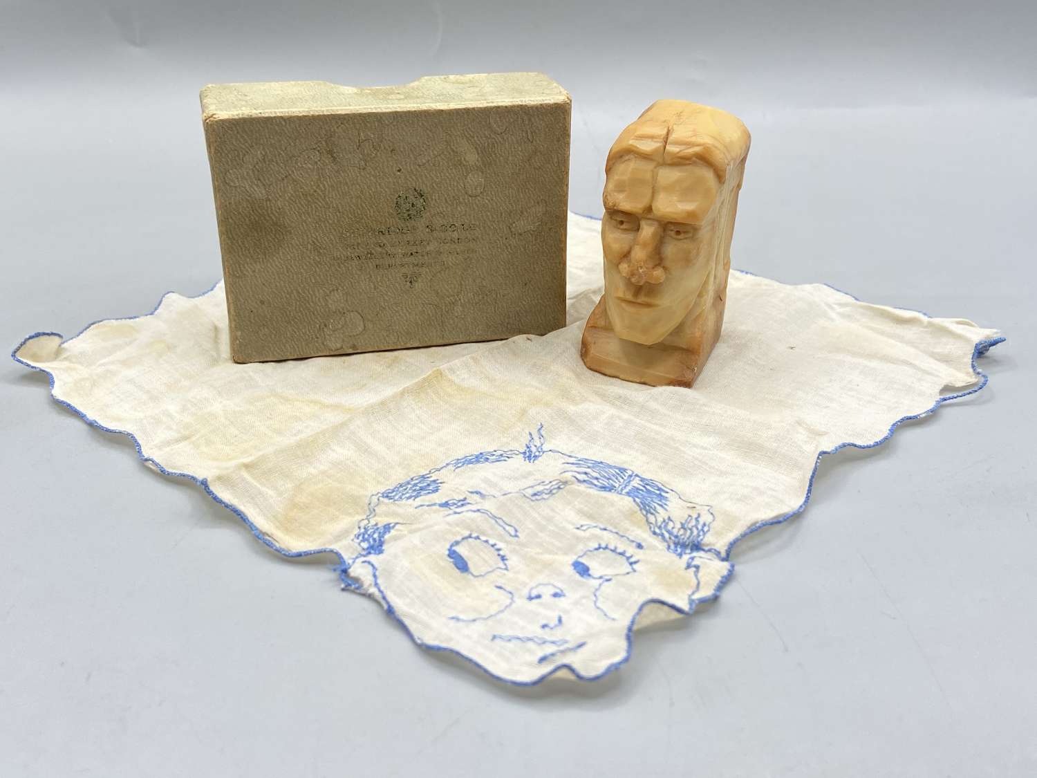 Rare Antique WW1 Hand Carved Soap Figure Prison Art & handkerchief