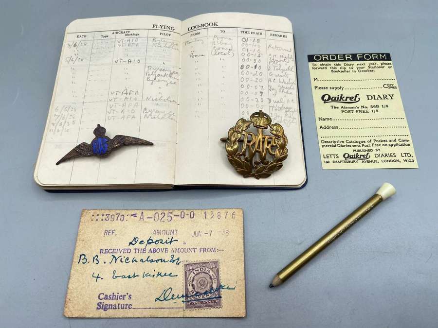 WW2 British RAF Flying Log Book India Airmans Diary, Badge, Brooch