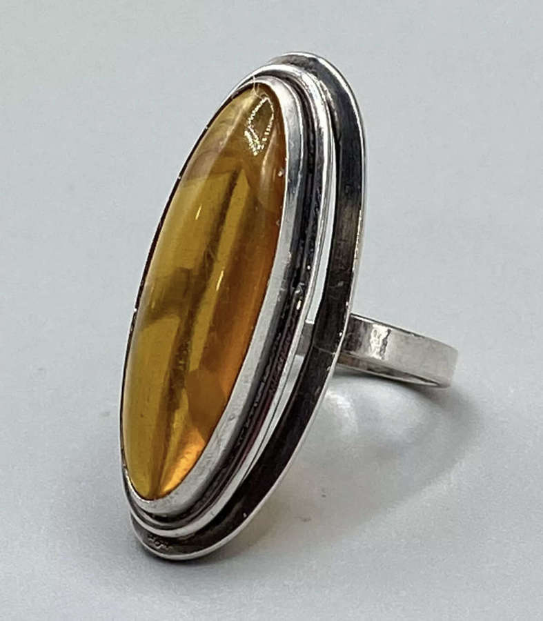 1930s Art Deco German Silver 800 Glowing Baltic Amber Cabochon Ring