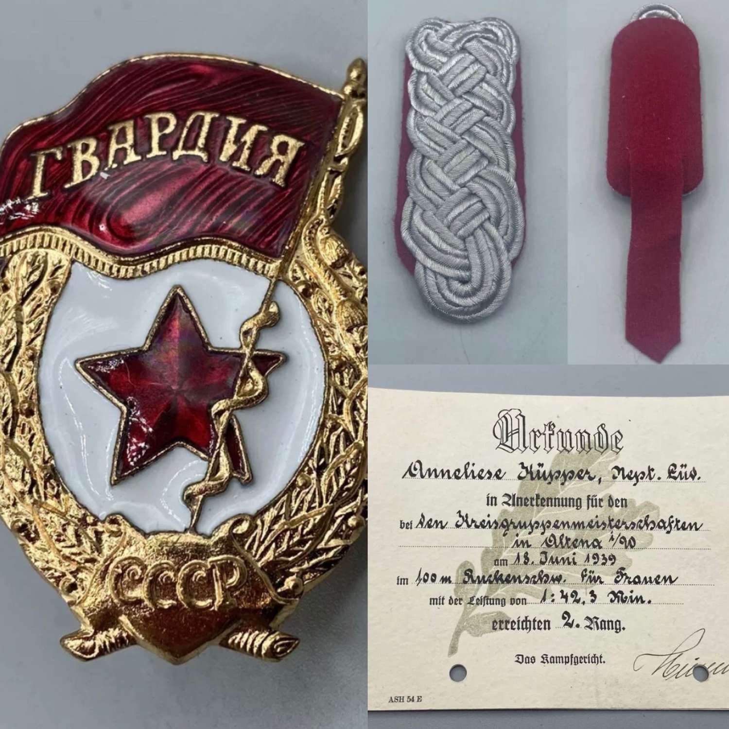 WW2 Luftwaffe Shoulder Board, Soviet Badge & Sports Certificate