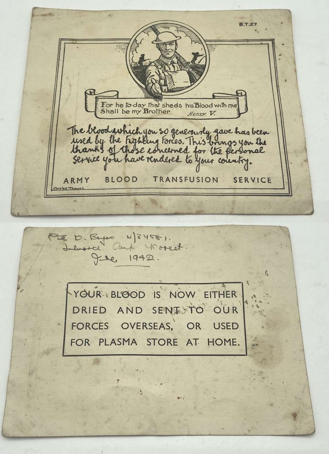 WW2 British Army Blood Transfusion Service Certificate Card Dated 1942