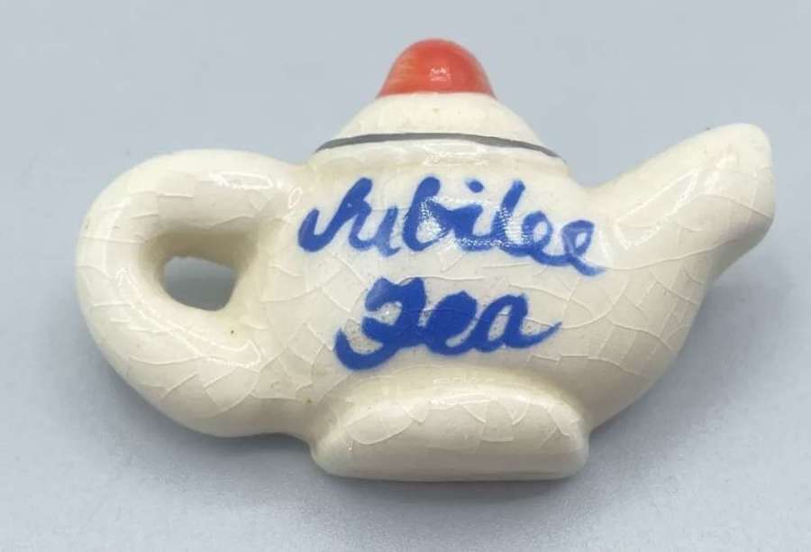 Antique Ceramic ￼Porcelain Jubilee Tea Workers Badge Brooch Teapot