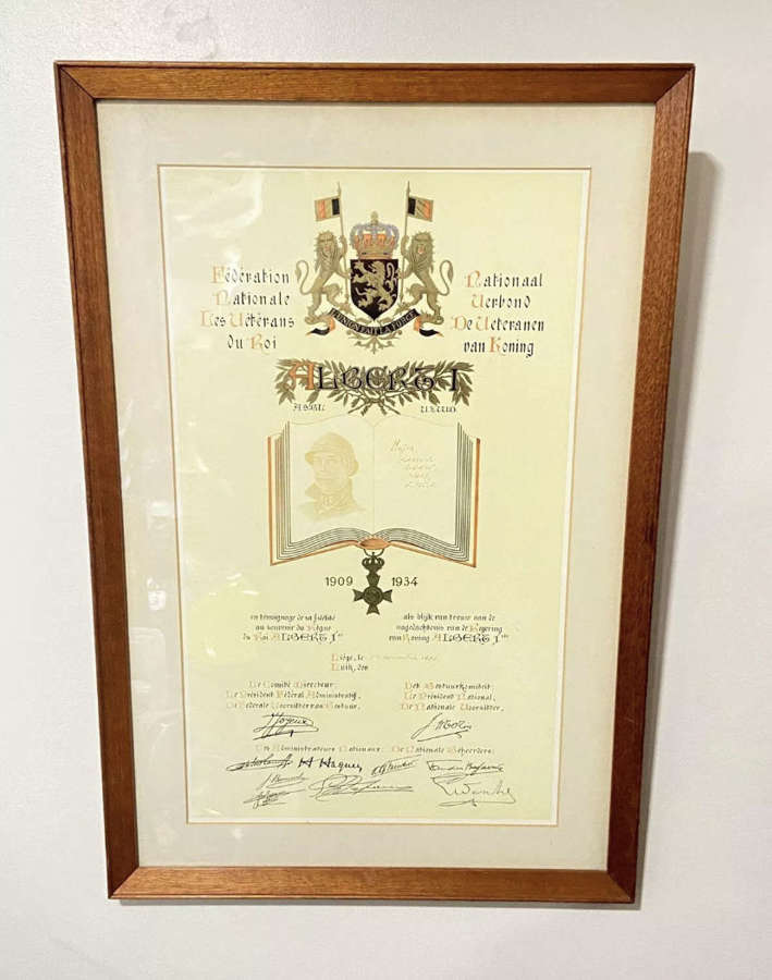1909-1934 Veteran King Albert I Medal Certificate Major Gleadow Ward