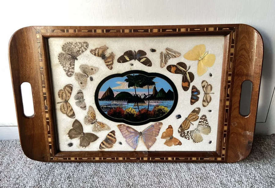 WW2 British Royal Navy Officers Butterfly Wing Rio Souvenir Inlay Tray