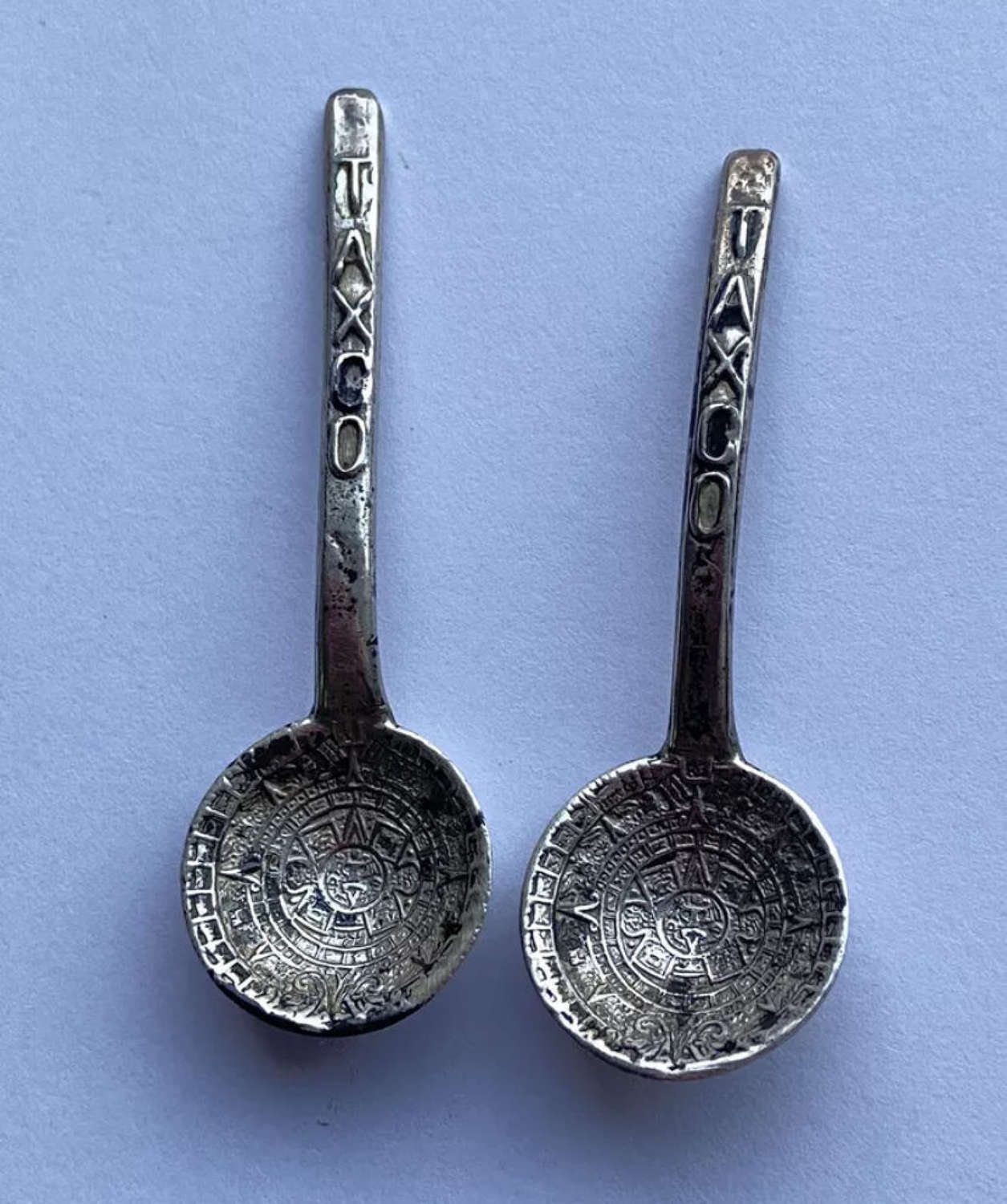Antique Sterling Silver 925 Aztec Mayan Calendar Sugar Spoons 10g