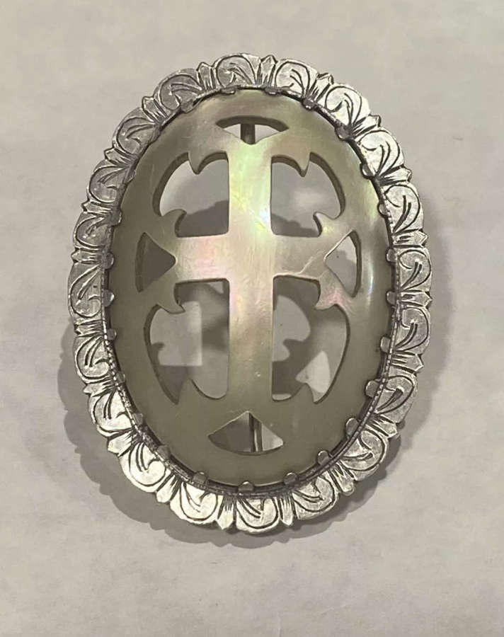 Victorian Silver Framed Jerusalem Mother Of Pearl Crucifix Brooch