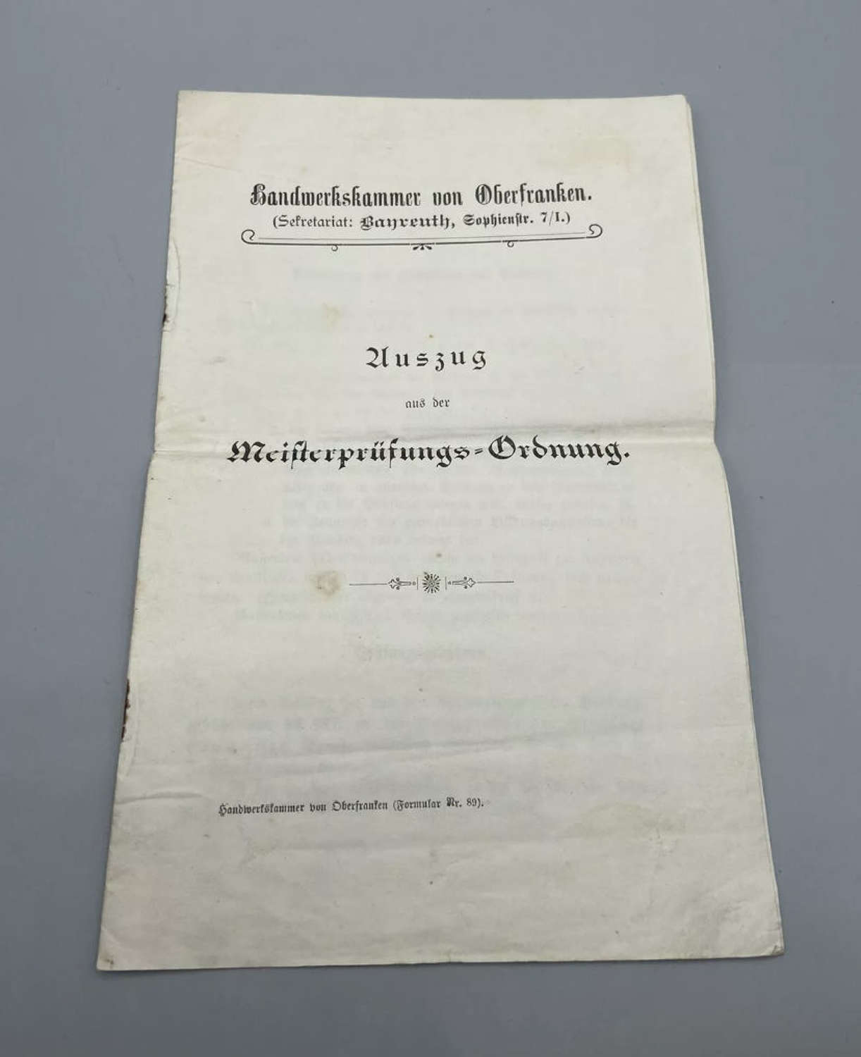 1901 Chamber of Crafts Bayreuth master's examination regulations paper