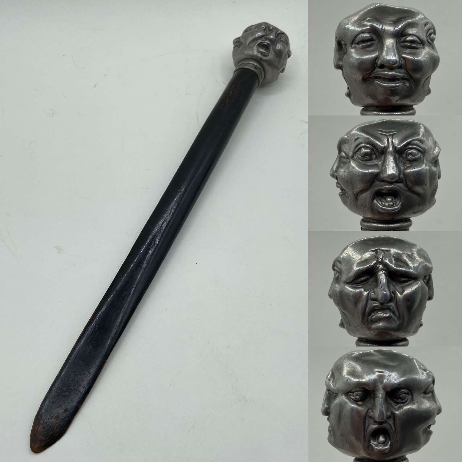 Antique 1880s Silver Plate Four Faced Tibetan Buddha Letter Opener