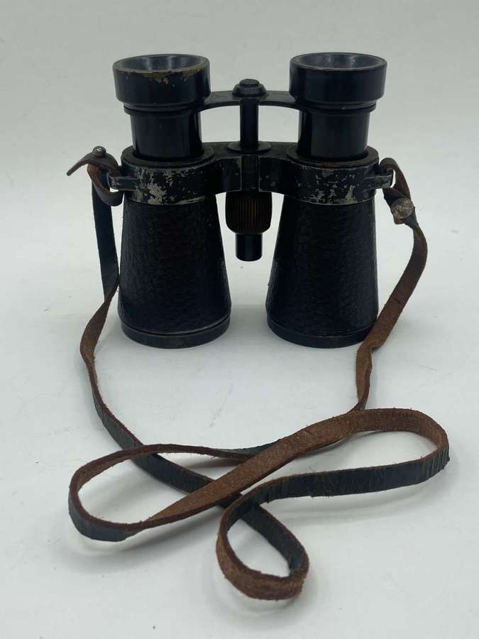WW1 German Field Binoculars Maker Marked Leneos & Leather Strap