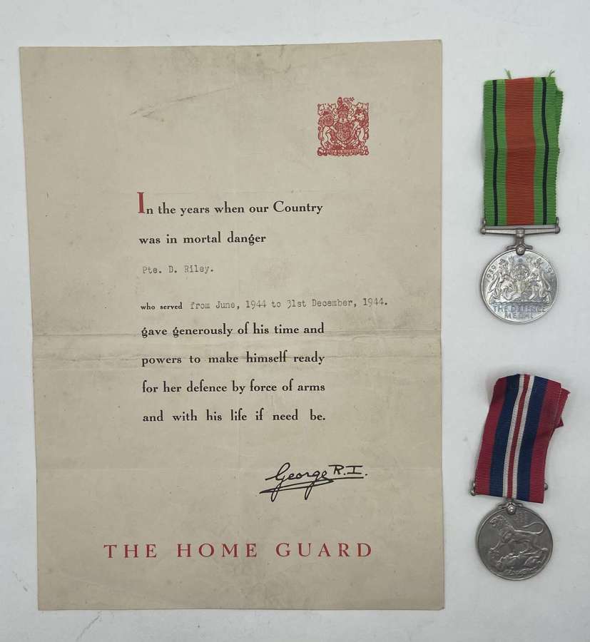 WW2 British Home Guard Service Certificate & Medals Pte D Riley 1944