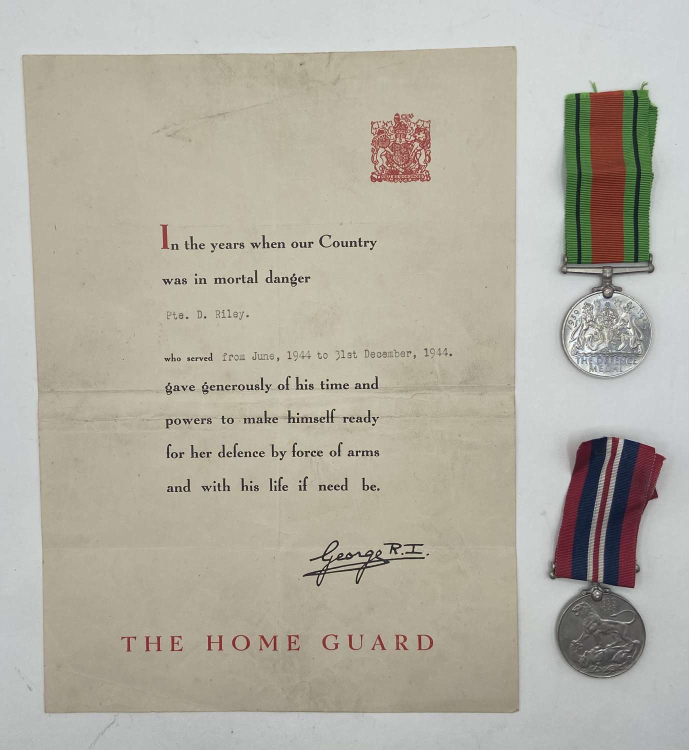 WW2 British Home Guard Service Certificate & Medals Pte D Riley 1944