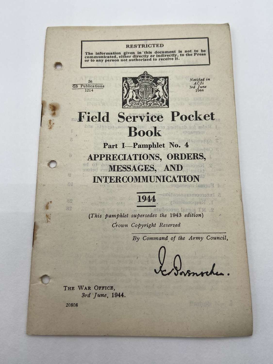 WW2 British Field Service Pocket Book 1944 Orders & Messages
