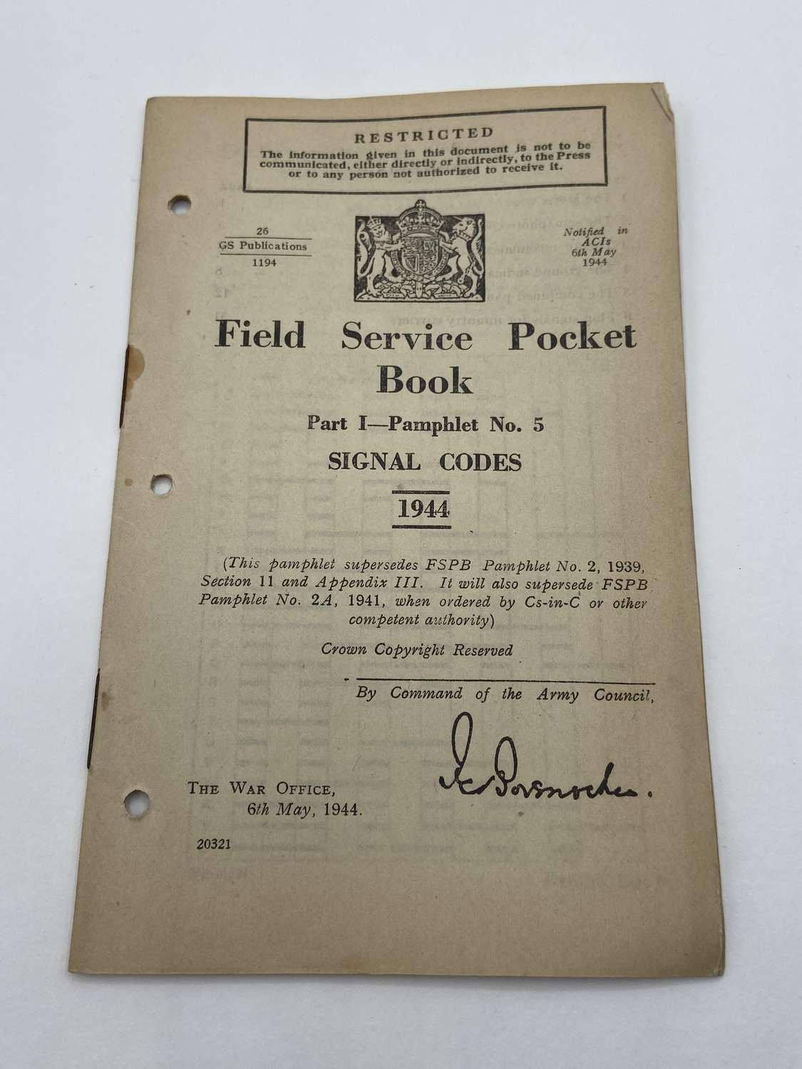 WW2 British Field Service Pocket Book Signal Codes 1944