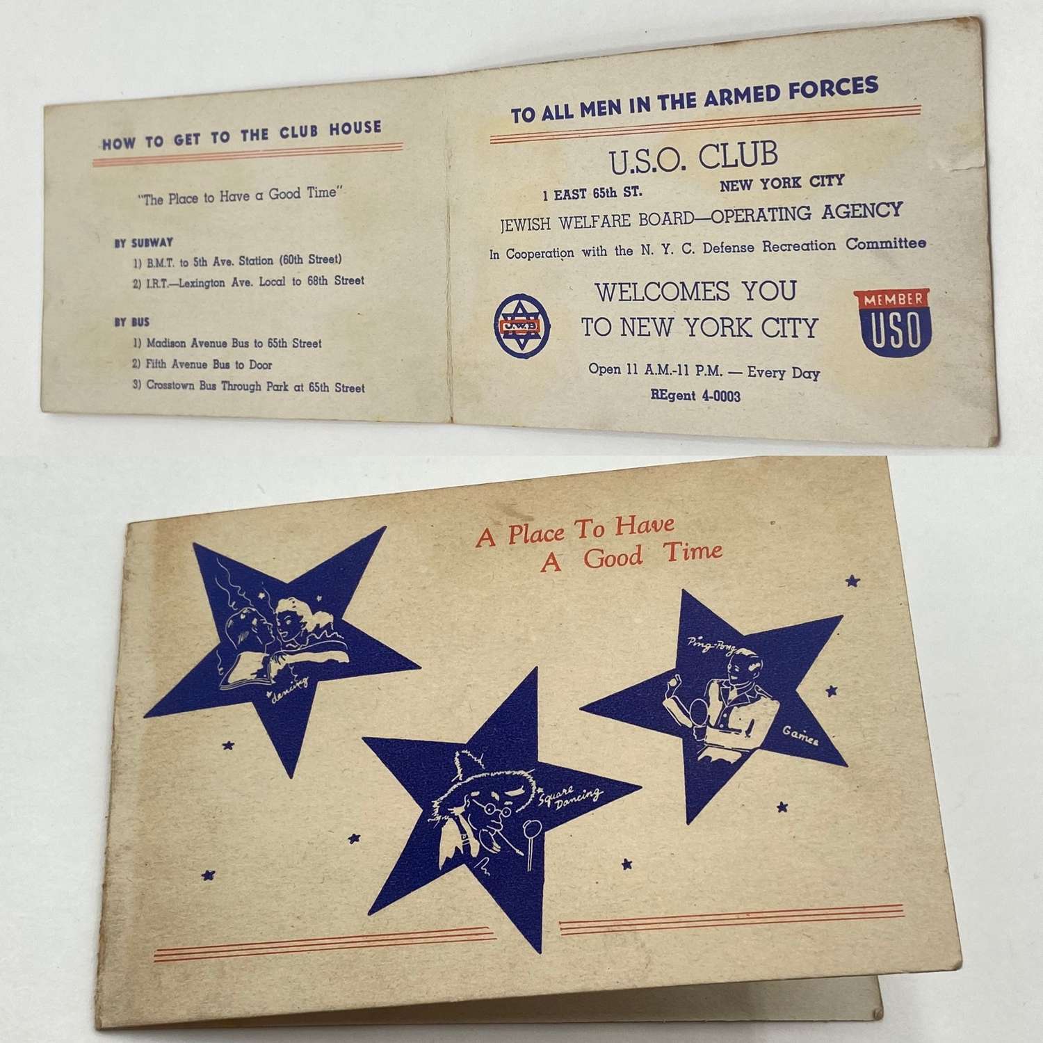 WW2 US Army U.S.O Club House Card Jewish Welfare Board