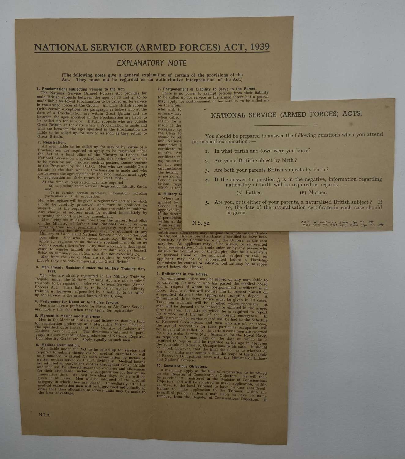 WW2 National Service Armed Forces Act 1939 Explanation Note,Prep Card