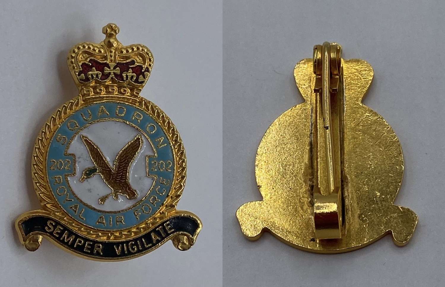 Post WW2 Squadron 202 Royal Air Force RAF Semper Vigilat Enamel Badge