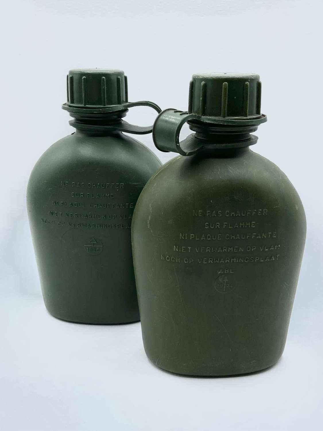 Pair Of Post WW2 Dutch NATO Issue Green Water Bottle 1L  1974 & 1985