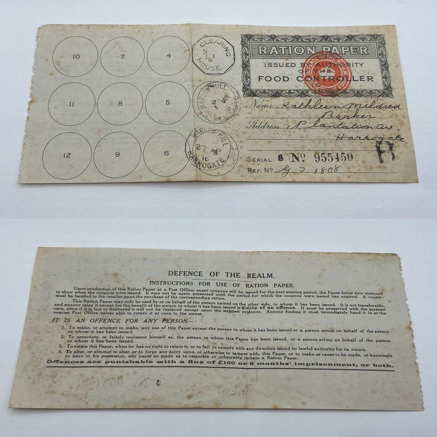 WW1 1918 British Home Front Food Ration Paper From Harrogate London