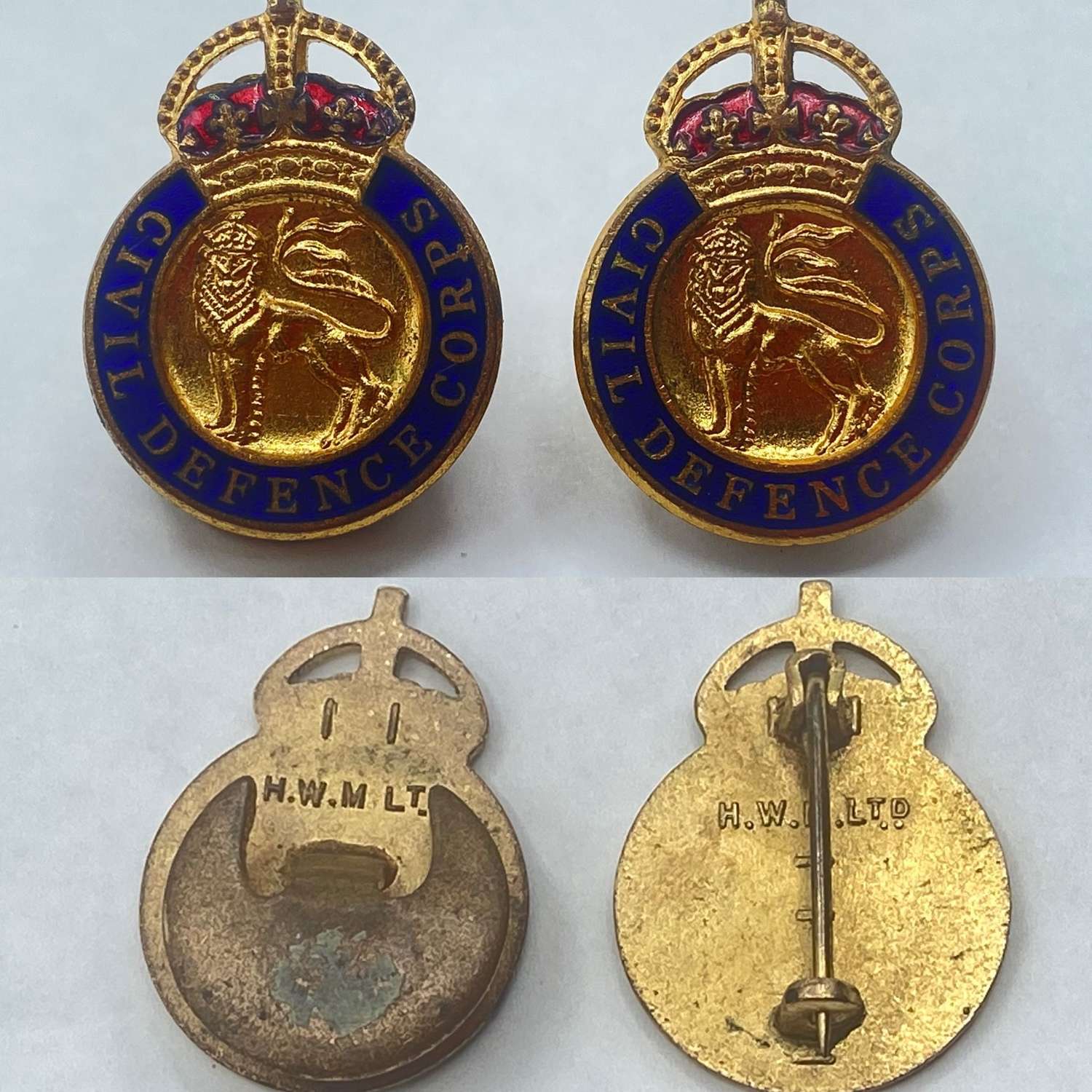 Pin & Button Backed WW2 British Civil Defence Kings Crown Badges