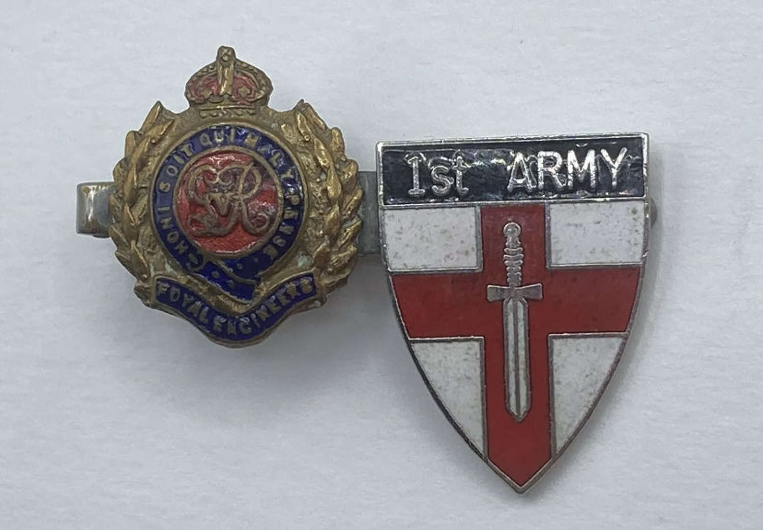 WW2 British Army Royal Engineers Kings Crown & 1st Army Enamel Badges